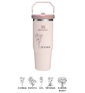 Kişiselleştirilebilir Stanley The Iceflow Flip Straw Pipetli Termos 0,89 L Özel Isimli & Fotoğraflı (Rose)