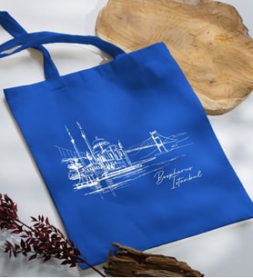 BK Gift İstanbul Tasarımlı Mavi Kumaş Bez Çanta, Baskılı Omuz Çantası, Alışveriş Çantası, Arkadaşa Hediye-5