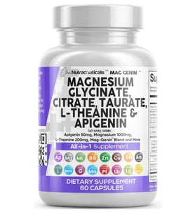 Clean Nutraceuticals Magnesium Glycinate Complex 60 Capsul 1000mg with L-Theanine 200mg Apigenin 50mg Citrate Taurate-5-HTP GA.BA Passion Flower Lemon Balm L-Glycine Phosphatidylserine..