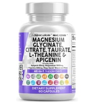 Clean Nutraceuticals Magnesium Glycinate Complex 60 Capsul 1000mg with L-Theanine 200mg Apigenin 50mg Citrate Taurate-5-HTP GA.BA Passion Flower Lemon Balm L-Glycine Phosphatidylserine..