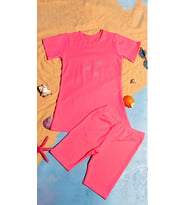Kız Çocuk Üst , Bone , Tayt 3 parça Yıldız detaylı Neon Pembe Tesettür Deniz Havuz Mayo Takımı (NEON ORANJ)