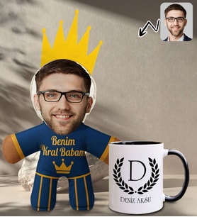 BK Gift Kişiye Özel Fotoğraflı Kral Babam Tasarımlı Bebek Yastık-2 & Siyah Kupa Bardak Hediye Seti-3, Babalar Günü Hediye, Babaya Hediye