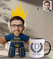 BK Gift Kişiye Özel Fotoğraflı Kral Babam Tasarımlı Bebek Yastık-2 & Siyah Kupa Bardak Hediye Seti-3, Babalar Günü Hediye, Babaya Hediye