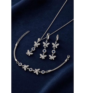 Gümüş Pazarım Safir Taşlı Kelebek Motifli Gümüş Set