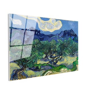 Tamperli Gerçek Cam Tablo Van Gogh Zeytin Ağaçları Mavi Dağlar Bulutlu Ressam Tablosu Duvar Dekoru