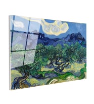 Tamperli Gerçek Cam Tablo Van Gogh Zeytin Ağaçları Mavi Dağlar Bulutlu Ressam Tablosu Duvar Dekoru