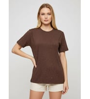26047 %100 Pamuk Kadın Bisiklet Yaka Taş İşleme Oversize Penye Bluz