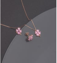 925 Ayar Gümüş Pembe Taşlı Yonca Küpe Kolye Set