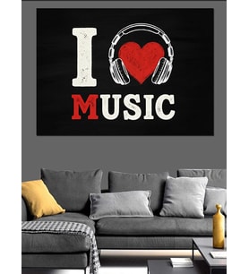 I Love Music Kalp Kulaklık Dekoratif Kanvas - Mdf Ahşap Tablo