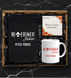 Kişiye Özel Veteriner Tasarımlı Siyah Defter Kalem & Kupa Hediye Seti
