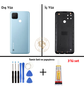 Oppo KAPAK Vida Seti + Yapıştırıcı Realme C25Y Mavi Yapıştırıcı B-7000 Yapıştırıcı Vida Seti Arka Kapak Arka Cam Batarya Kapağı Lazer Kesim Kapak Pil Kapağı Back Cover