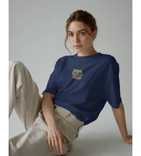 Scottish Fold Kedi Baskılı Kadın Oversize Tişört – Minimal Cat Tasarım