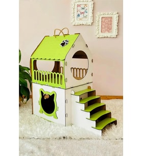 Dekoratif Ahşap Kedi Evi Teraslı 2 Katlı Merdivenli Kedi Evi Yeşil - Beyaz (Siyah - Kahverengi)