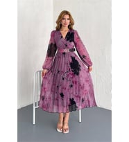 Neşeli butik kadın kemerli kruvaze yaka desenli şifon elbise NBK20302 (Pembe)