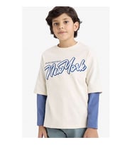 Defacto Oversize Bisiklet Yaka Baskılı Kum Erkek Çocuk Uzun Kollu T-shirt G6322A8/BG759