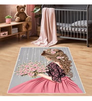 Prenses Kız Desenli Çiçekli Halı Dijital Baskı Yıkanabilir Kaymaz Taban Kız Çocuk Odası Halısı (Pembe)