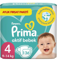 Prima Bebek Bezi Aktif Bebek 4 Beden 136 Adet aylık Fırsat Paketi (Krem)