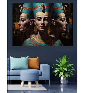 Üçlü Mısır Kraliçesi Nefertiti Portresi Dekoratif Kanvas - Mdf Ahşap Tablo