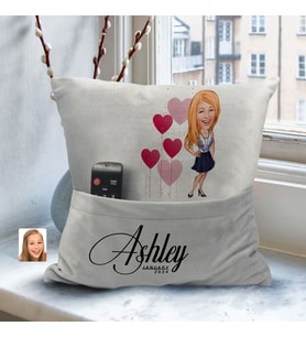 BK Gift Kişiye Özel Anne Karikatür Tasarımlı Organizer Kumanda ve Atıştırmalık Cepli Gri Kırlent Yastık-1 Arkadaşa Hediye, Cepli Yastık