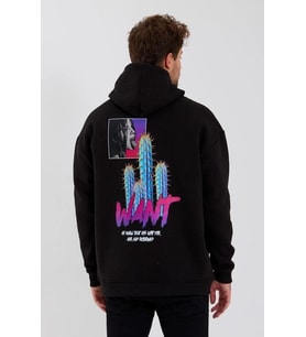 Erkek 3 İplik Pamuklu Kapüşonlu Baskılı Cepli Oversize Sweatshirt Hoodie - Siyah