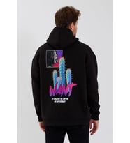 Erkek 3 İplik Pamuklu Kapüşonlu Baskılı Cepli Oversize Sweatshirt Hoodie - Siyah