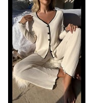 Fantezia Night Premium Kadın Fitilli Pijama Takımı – Siyah Gold Biye Detaylı, Yumuşak Dokulu Ev Şıklığı