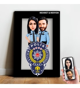 Kişiye Özel Polis Çift Karikatür Ahşap Tablo - mx14