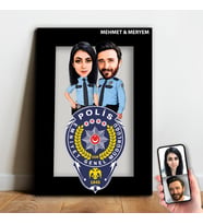 Kişiye Özel Polis Çift Karikatür Ahşap Tablo - mx14