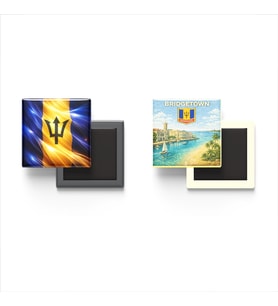 Buzdolap Magnetleri - Barbados Bayrağı ve Bridgetown Retro Tema - 2'li Set Magneti