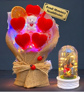 Size Özel RENKLİ Led Işıklı Kırmızı Kalp Buketi ve Led Işıklı Fanus - Premium Hediye Seti (Model 7)