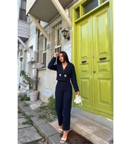 kadın gri tüvit kumaş gol düğmeli crop ceket pantolon ikili takım NBSTR1028