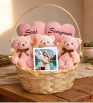 Sevgililer Gününe Özel Seni Seviyorum Tasarımlı Pembe Peluş Ayıcık Sepeti