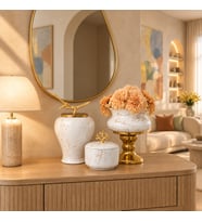 Dekoratif Obje SALON SETİ Beyaz Mermer Ayaklı Saksı Beyaz Mermer Şah Beyaz Mermer Kutu Gold