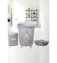 Lisa Gri 3lü 3'lü Çeyizlik Dantelli Banyo Kirli Çamaşır Sepeti Seti  Banyo Seti