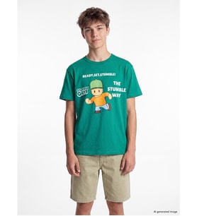 LCW Kids Yeşil Bisiklet Yaka Stumble Guys Baskılı Erkek Çocuk Tişört