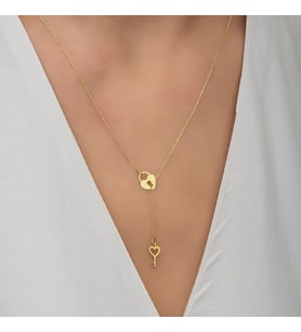 Kişiye Özel 925 Ayar Gümüş İç İçe Kalp Kilit ve Anahtar Sallantılı Kolye (Gold)