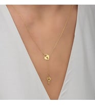 Kişiye Özel 925 Ayar Gümüş İç İçe Kalp Kilit ve Anahtar Sallantılı Kolye (Gold)