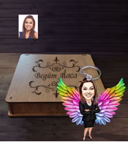 Kişiye Özel Melek Anne Karikatürlü Ahşap Anahtarlık Kutulu Model-4