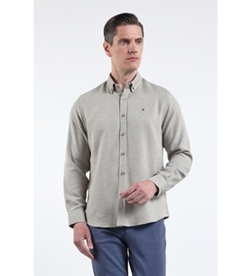 Kahverengi - Beyaz Düğmeli Yaka Uzun Kol Cepsiz Slim Fit Pamuklu Gömlek 1004260164