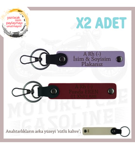 Motorsikletçilere Özel, İsim Plaka ve A Rh (-) Kan Grubu Yazılı x2' li Anahtarlık Set, Mor-Bordo-SK
