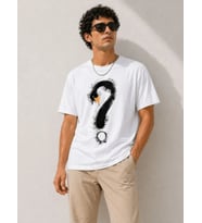 Erkek Kuğu Figürlü Soru İşareti Baskılı Tişört Kısa Kol T-Shirt - Beyaz