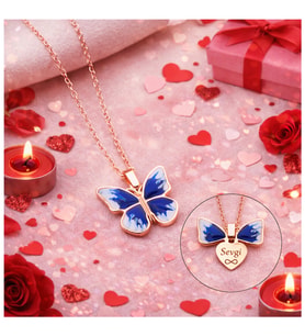Rose Gold Kaplama Mavi Kelebek Kolye