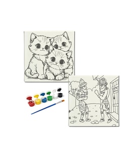 Okul Etkinliği-2'li Tuval Boyama Seti. 20x20 Cm Uv Baskı 6 Akrilik Boya 1 Fırça-model-359