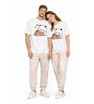 Sevimli Panda Baskılı Sevgili Kombini Çift Tişört Oversize Unisex Çift Kombin 2'Li Set (Beyaz)