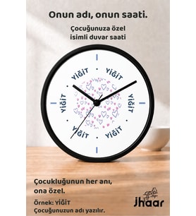 İsme Özel Pastel Kalp Desenli Çocuk Odası Duvar Saati Orta Boy 30 cm Siyah Camlı Sessiz