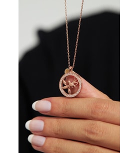 Zirkon Taşlı Rose Yuvarlak Kuş Yuvası Gümüş Kolye