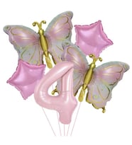 Gold Kelebekli Pembe 4 Yaş Rakam Balon Set
