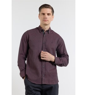 Bordo - Siyah Düğmeli Yaka Uzun Kol Cepsiz Slim Fit Pamuklu Gömlek 1004255233