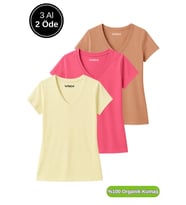 Kadın 3'lü Paket Kahverengi-Sarı-Pembe %100 Organik Pamuk Normal Kesim Tişört V Yaka T-Shirt