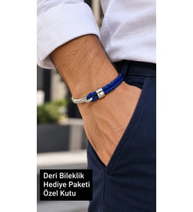 Calvenzo Bluearc Mavi Deri Erkek Bileklik - Parlak Gümüş Ton Metal Örgü
